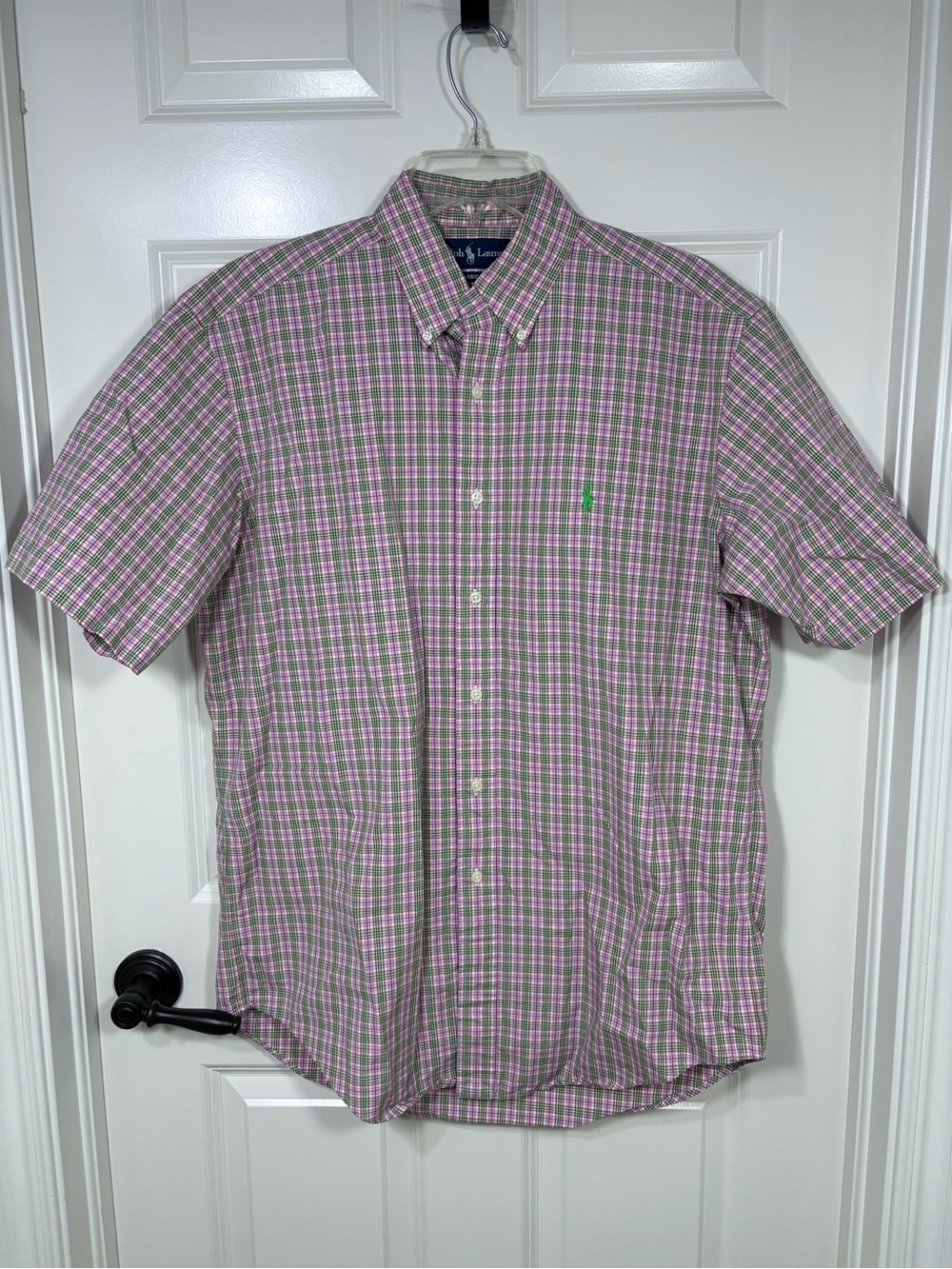 Ralph Lauren Plaid Short Sleeve Button Down Shirt Men’s L Pink Green Classic Fit